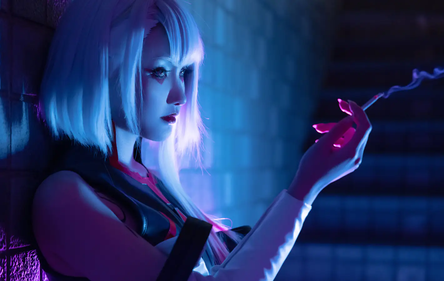 Lucy Snow Queen cosplay as Lucyna Kushinada from Cyberpunk Edgerunners — desktop and phone wallpaper, free download