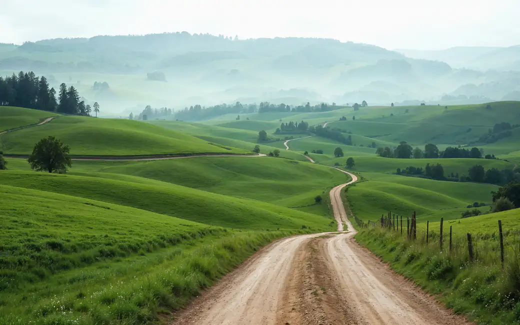 Summer green hills with winding dirt road — desktop and phone wallpaper, free download