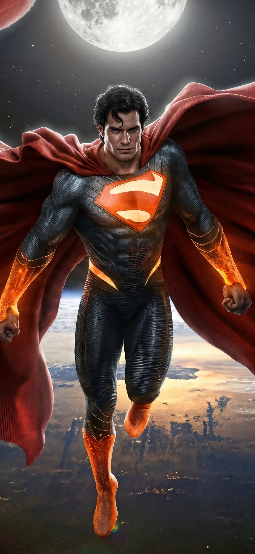 Superman is flying over the Ground - Wallpapers for iPhone 12 mini/13 mini, Samsung Galaxy S24/S24 FE/S25/S25 FE/S26/A55/A56/A35/A26/A16/M15, Xiaomi, Sony Xperia in 1080x2340 resolution