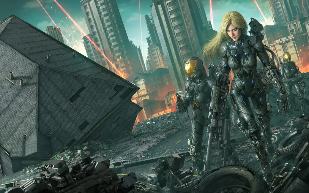 Cyberwarfare in a ruined city — desktop and phone wallpaper, free download