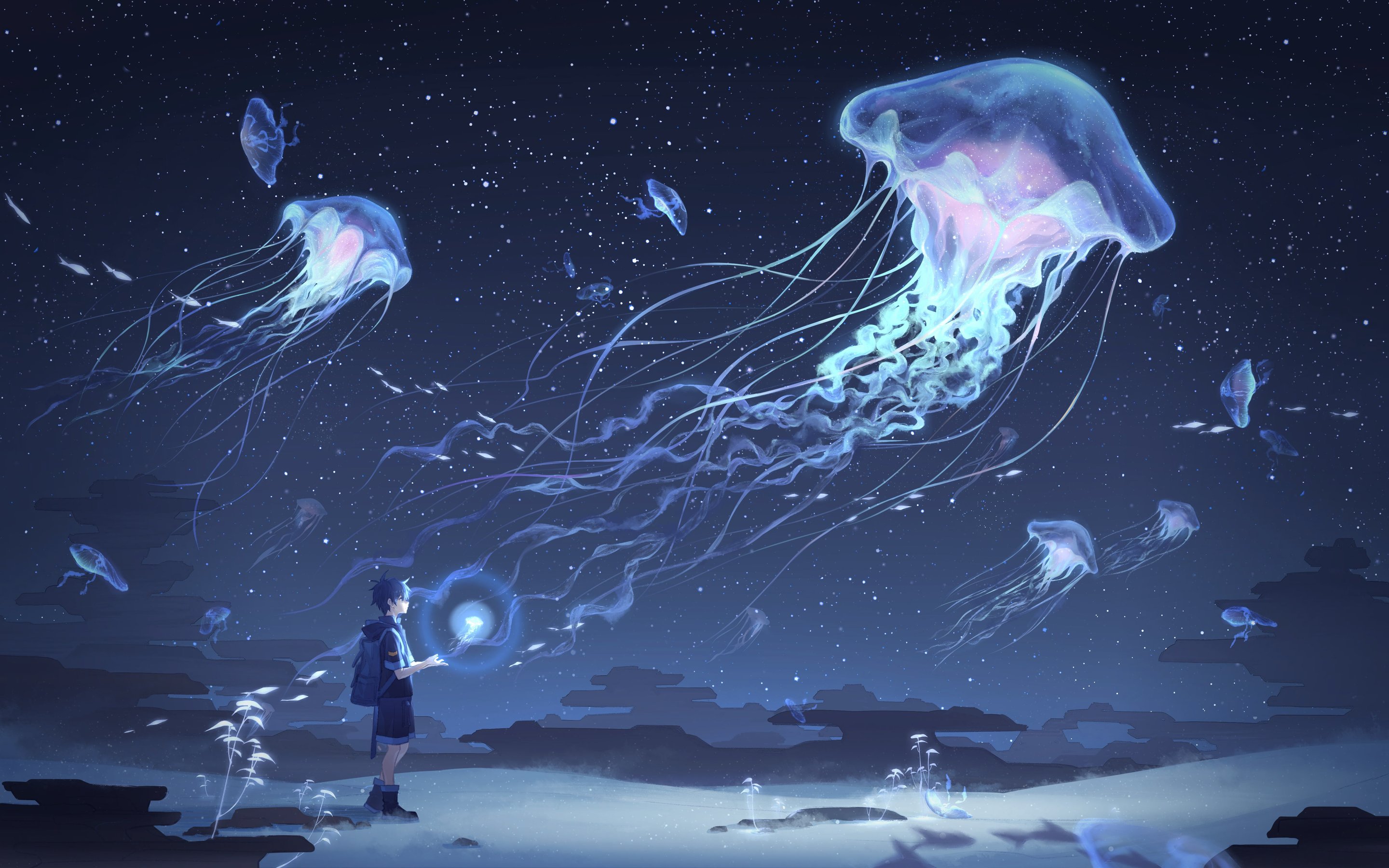 Boy with glowing jellyfish at night - Wallpapers for Apple MacBook 15″ in 2880x1800 resolution