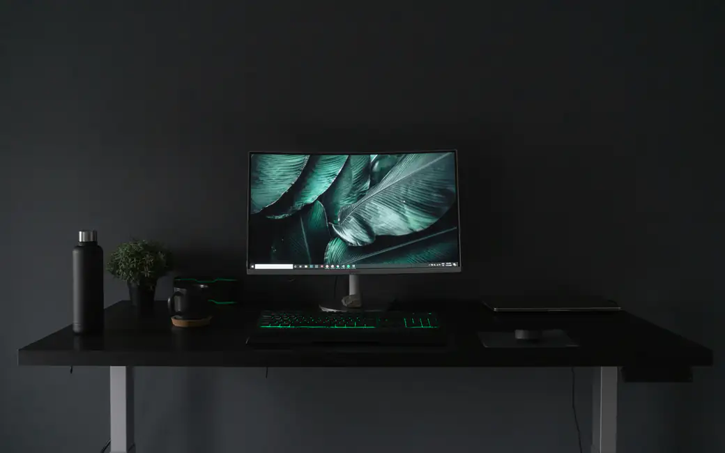 Modern Minimalist Workspace with Computer — desktop and phone wallpaper, free download