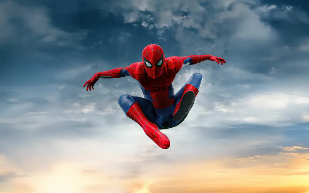Spider-Man jumping in the sky — desktop and phone wallpaper, free download