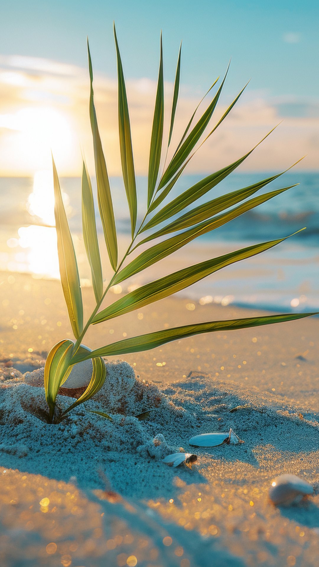Palm leaf on the beach at sunset - Wallpapers for Samsung, Honor, Sony in 1080x1920 resolution