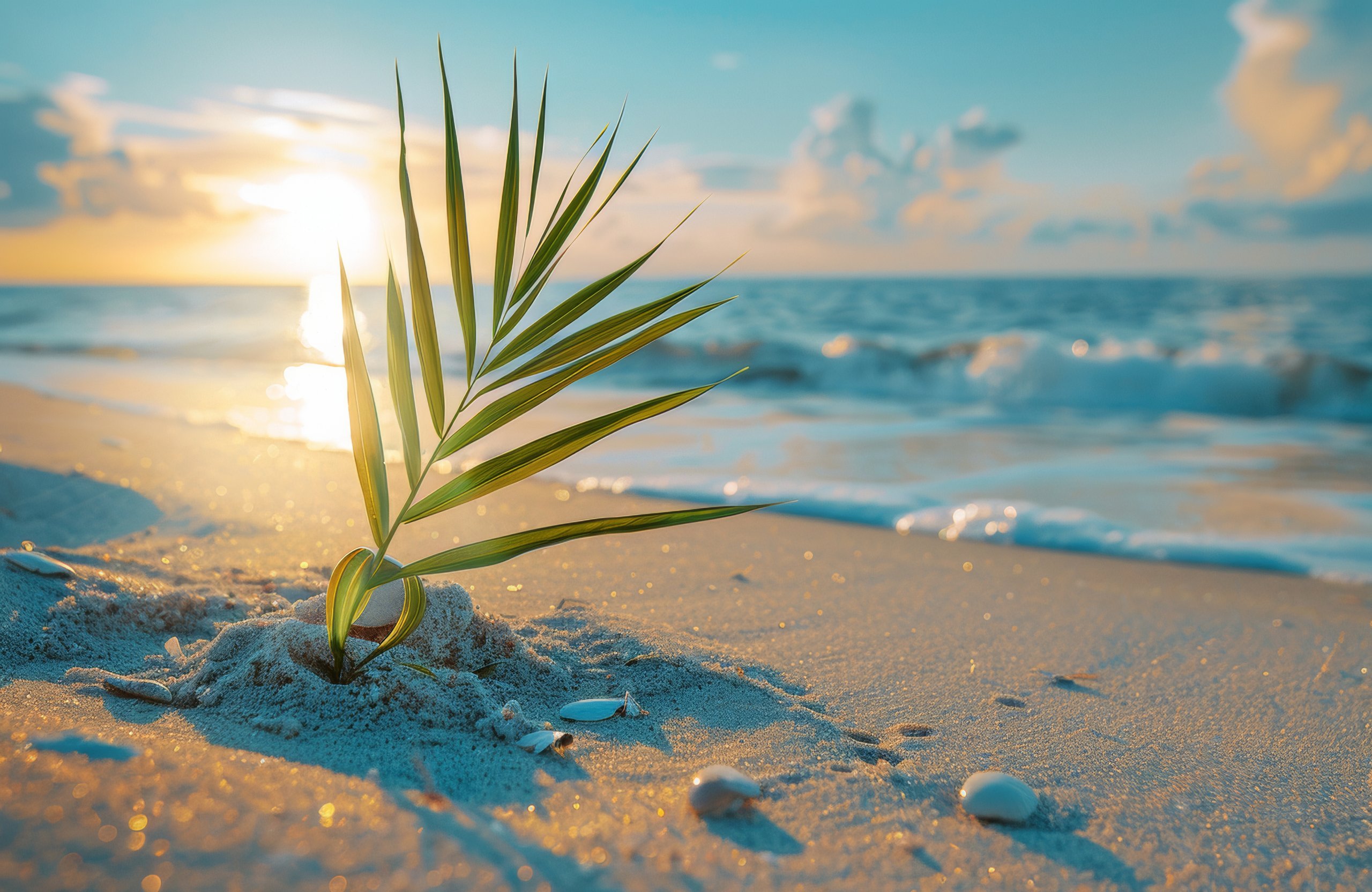 Palm leaf on the beach at sunset - Wallpapers for Apple MacBook Air 13 M2″ in 2560x1664 resolution