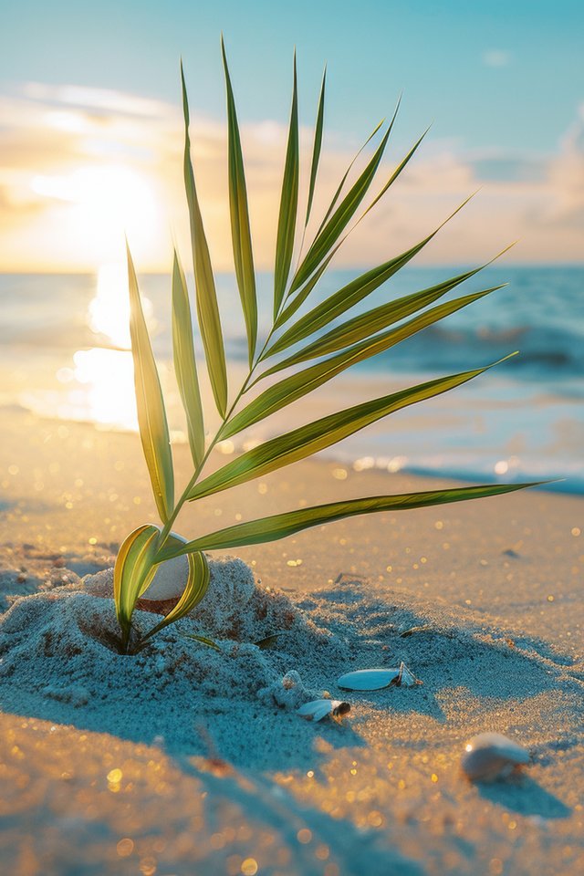 Palm leaf on the beach at sunset - Wallpapers for iPhone 4/4S in 640x960 resolution