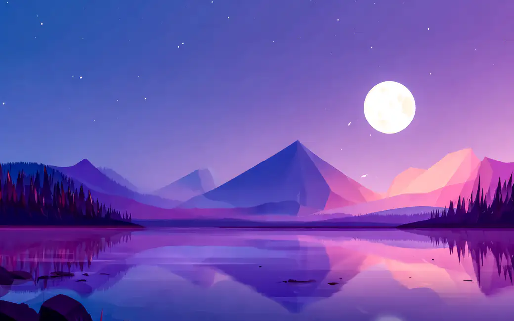 Low poly mountains lake under the moon — desktop and phone wallpaper, free download