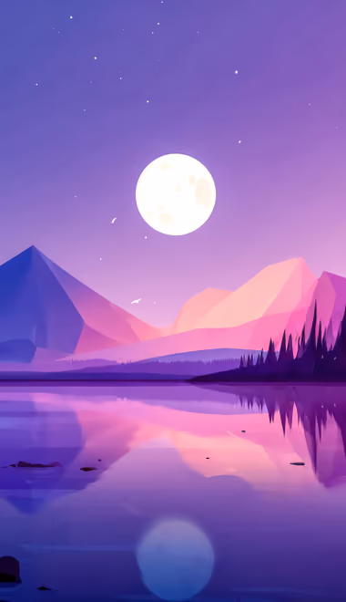 Обои иллюстрации: low poly, озеро, горы, Луна