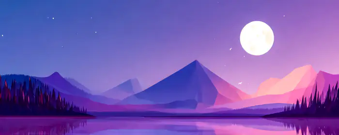 UltraWide 32:9 обои (5120x1440): low poly, озеро, горы, Луна