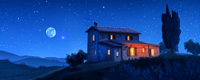 UltraWide 32:9 wallpapers (3840x1080): cabin, house, Moon, stars