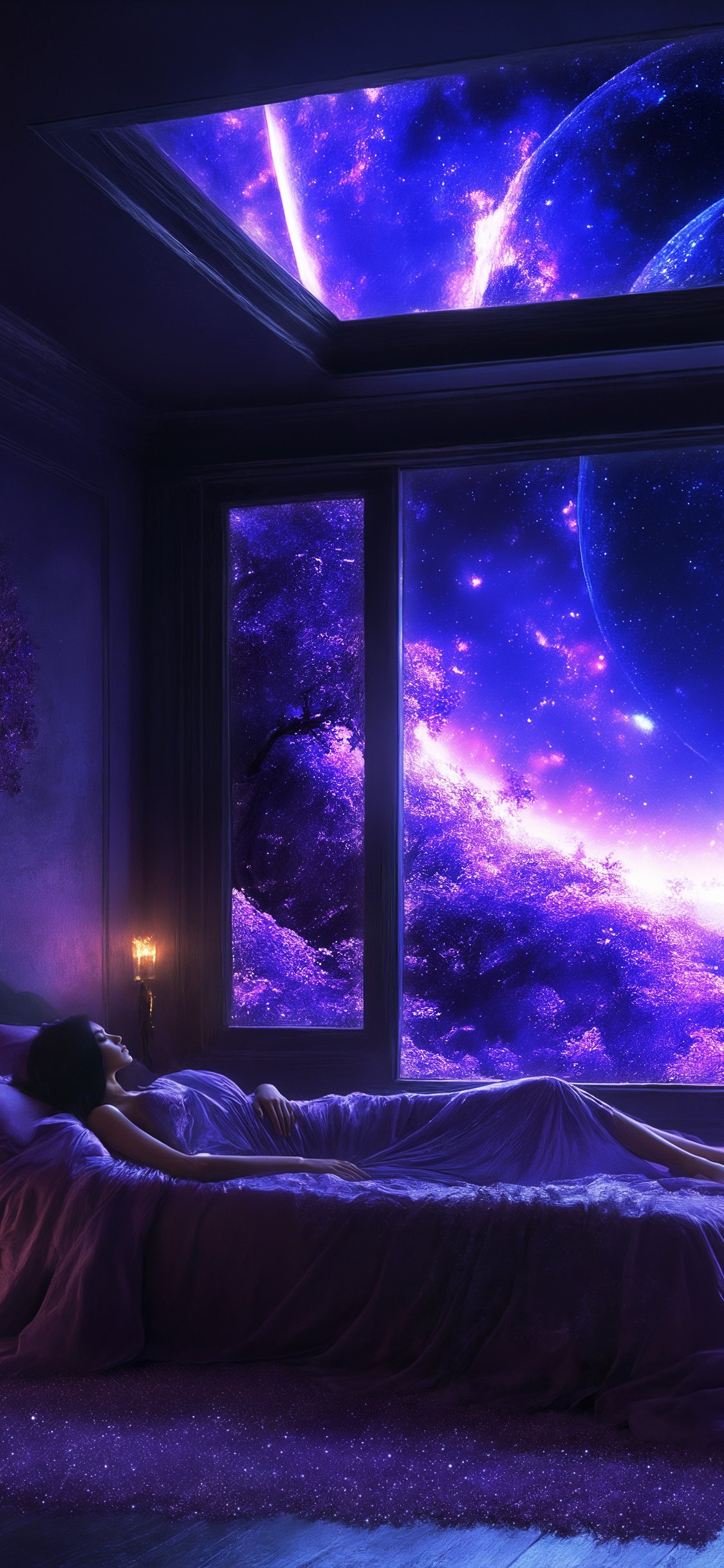 Bedroom with panoramic windows overlooking space - Wallpapers for iPhone X/XS/11 Pro in 1125x2436 resolution