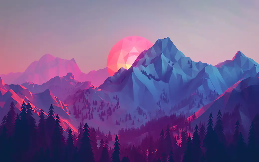 Low poly mountains at sunset — desktop and phone wallpaper, free download
