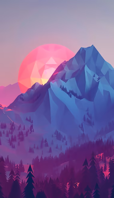 Обои градиент для iPhone 14 Pro/15 Pro (1179x2556): low poly, горы, лес, закат