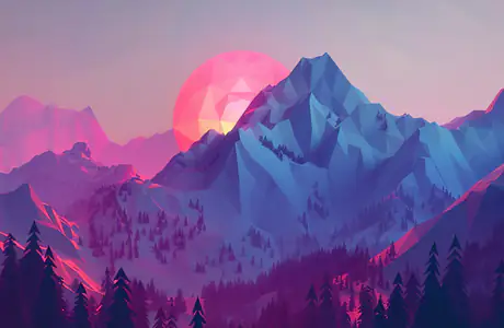 Wallpapers for Samsung Galaxy Tab (1340x1340): low poly, mountains, forest, sunset