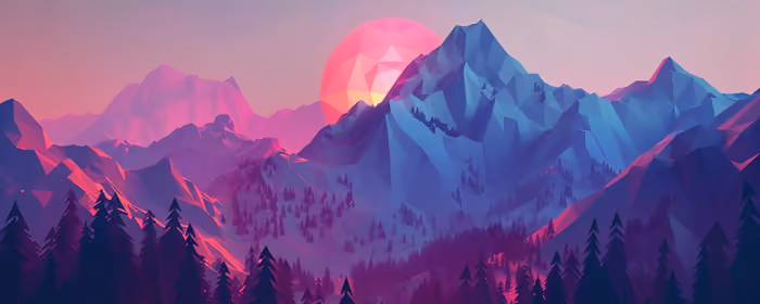 UltraWide 32:9 обои градиент (3840x1080): low poly, горы, лес, закат
