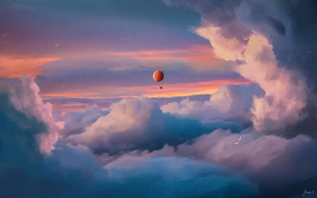 Hot air balloon above thick clouds — desktop and phone wallpaper, free download