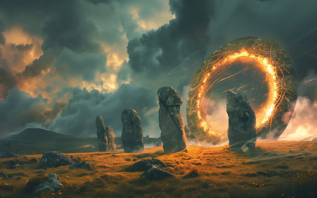 Фэнтези монолит-портал на фоне шторма — обои на рабочий стол и телефон