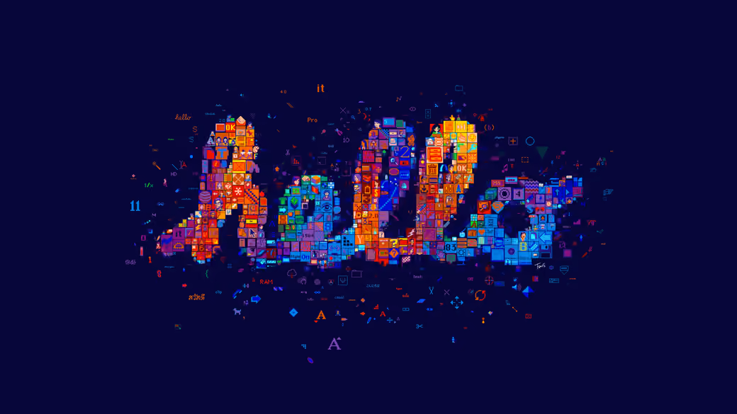 Hello text mosaic with digital icons — desktop and phone wallpaper, free download