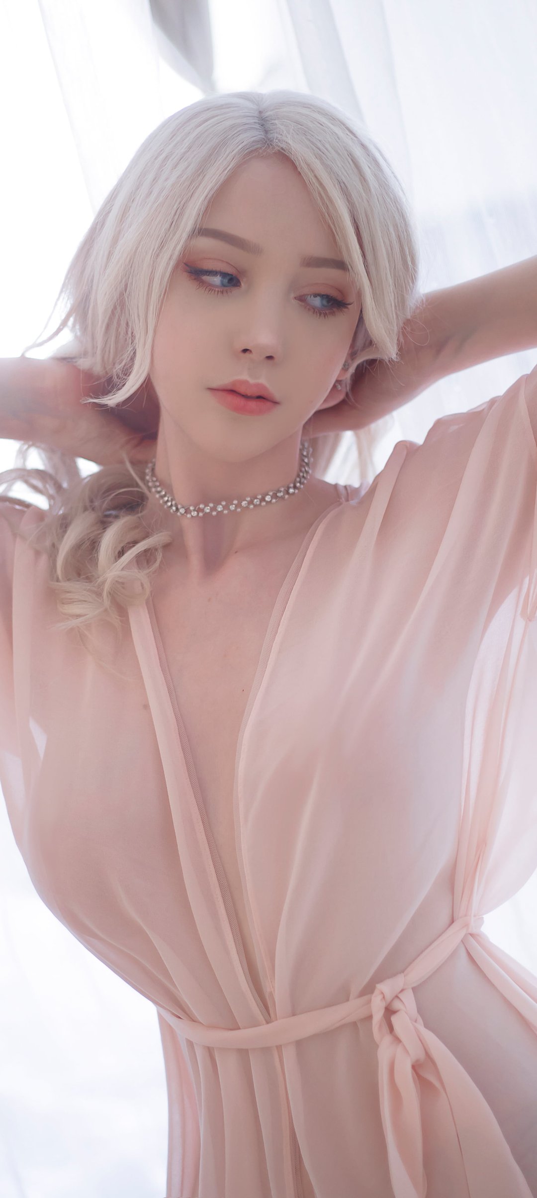 Cy Fox poses in a lace robe - Wallpapers for Samsung Galaxy A13/A14/A53, Realme 12 Pro 5G, POCO M5 in 1080x2408 resolution