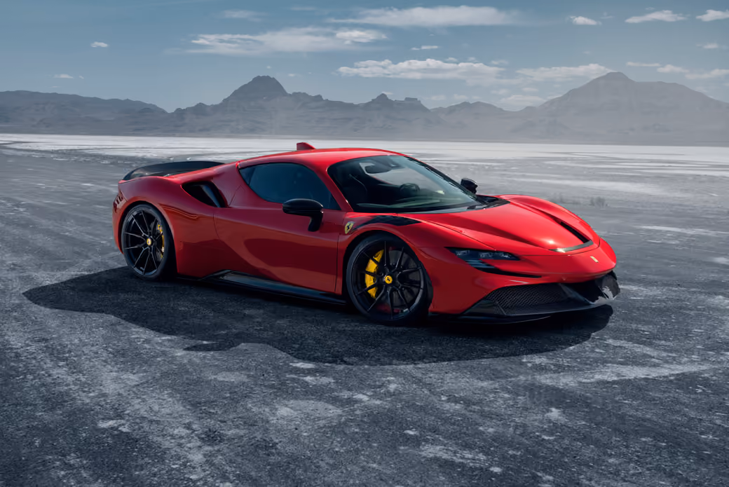 Red Ferrari SF90 Stradale on the side — desktop and phone wallpaper, free download