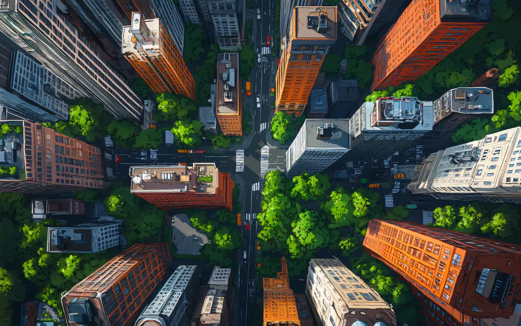 View of skyscrapers and streets from above — desktop and phone wallpaper, free download