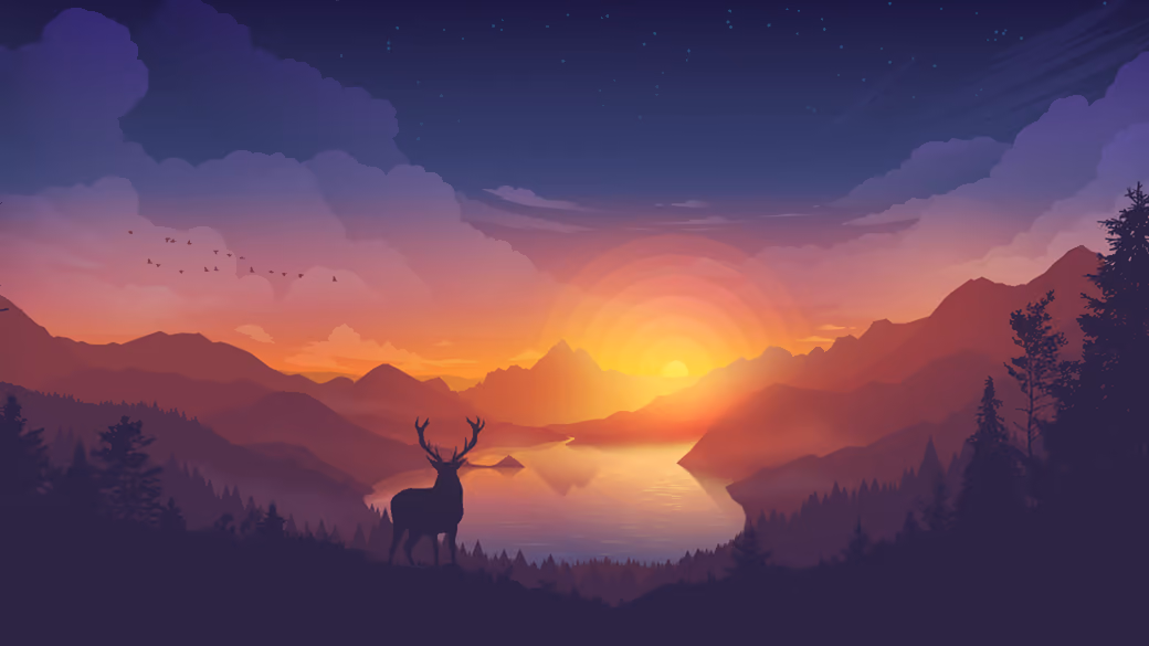 Deer at sunset by a mountain lake — desktop and phone wallpaper, free download