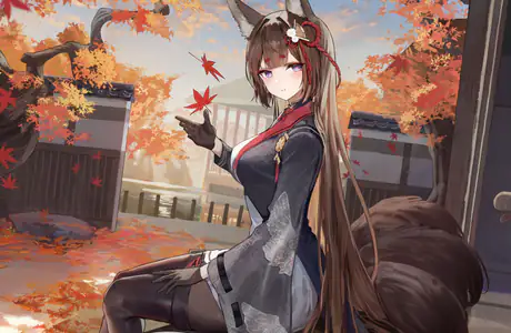 XVGA обои аниме (1024x768): Амаги, Azur Lane, осень, лисьи ушки