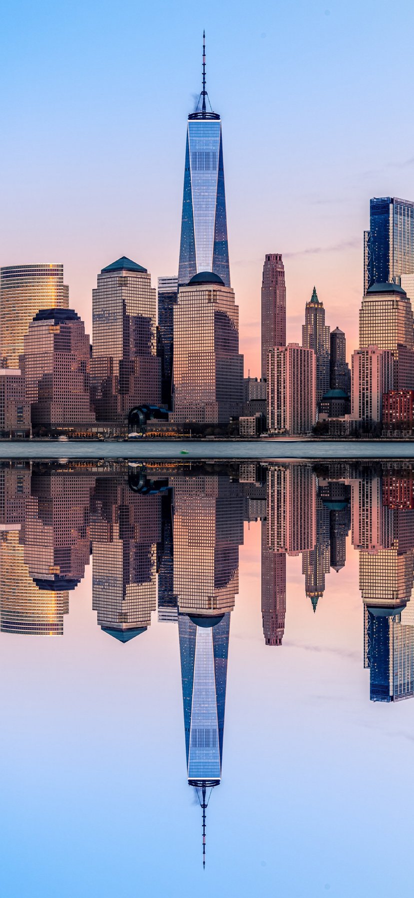 New York is reflected in the river at sunset - Wallpapers for iPhone 11/XR in 828x1792 resolution