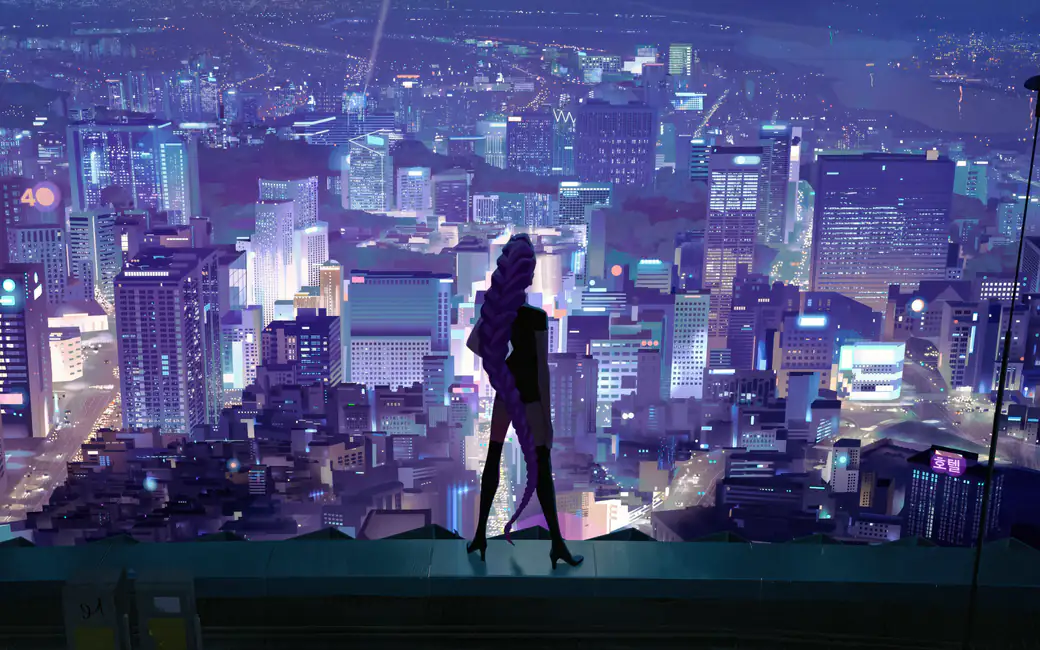 Rumi from KPop Demon Hunters overlooking city at night — desktop and phone wallpaper, free download