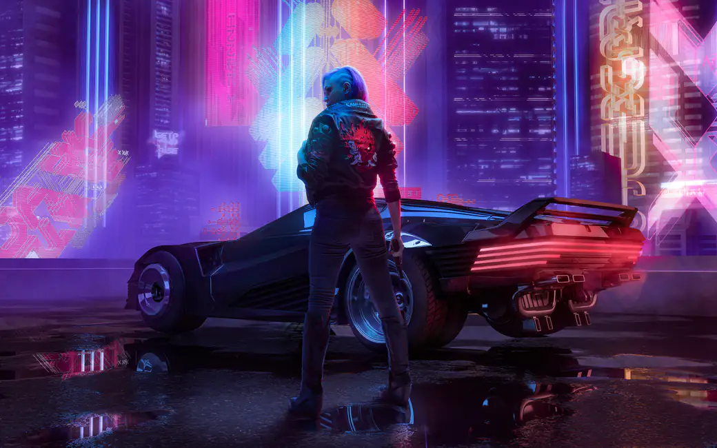 Cyberpunk Samurai and Quadra Turbo R in Neon — desktop and phone wallpaper, free download