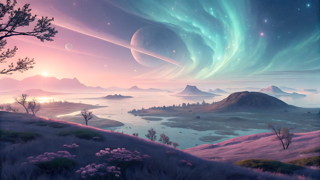 Fantasy valley with the Northern Lights — desktop and phone wallpaper, free download