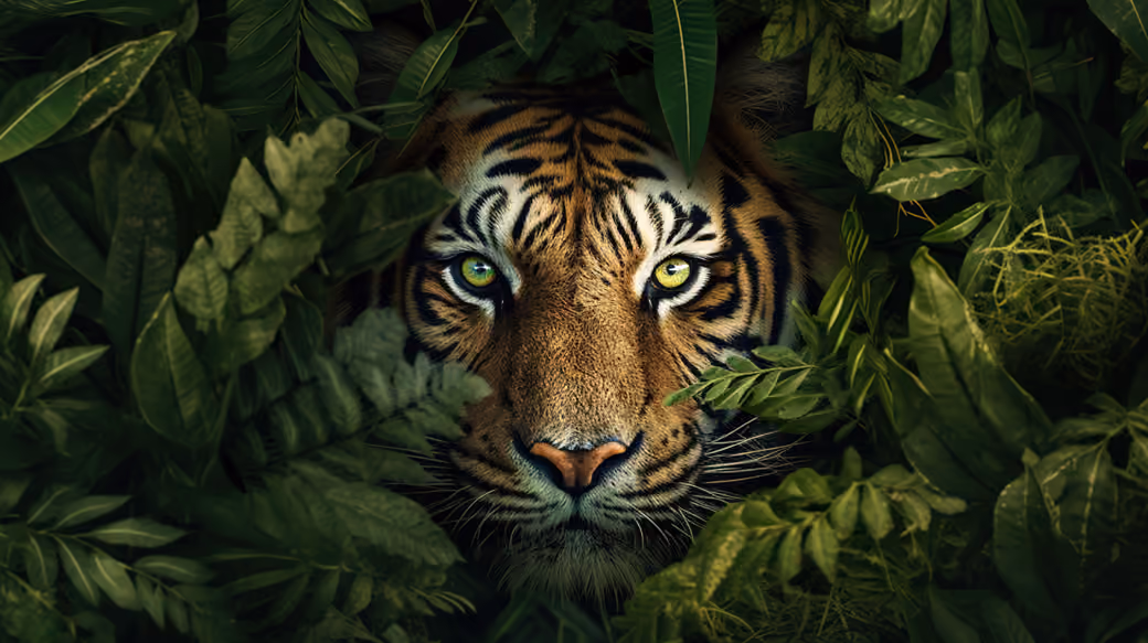Tiger peering through dense green leaves — desktop and phone wallpaper, free download