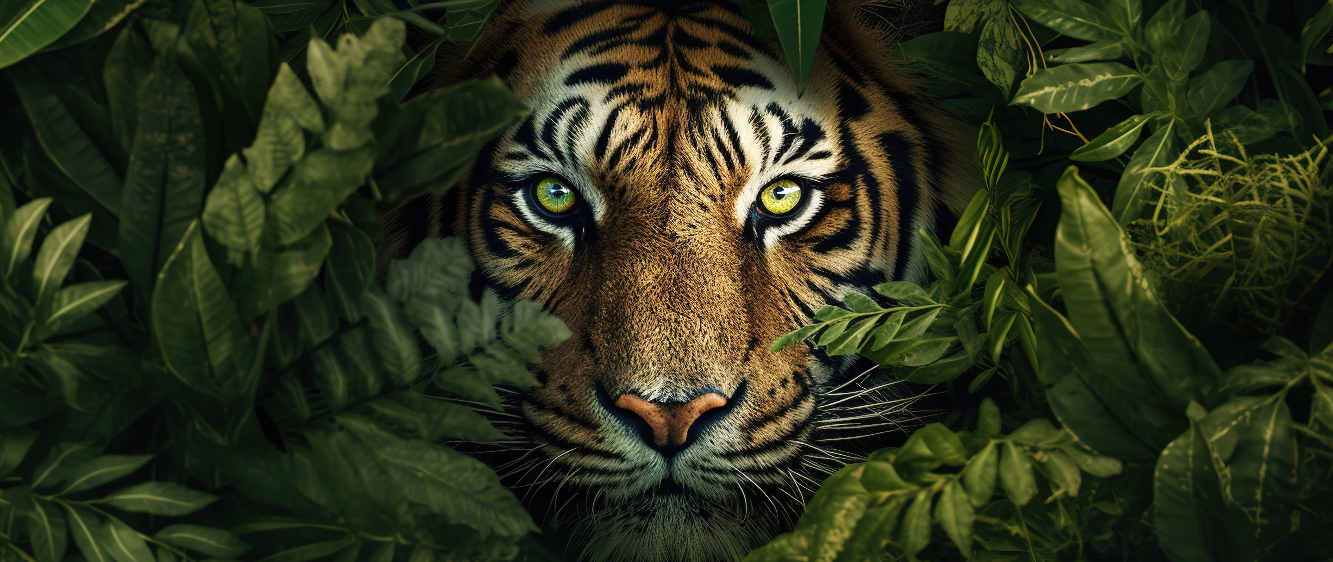 Tiger peering through dense green leaves - 5K2K UltraWide 21:9 wallpapers in 5120x2160 resolution
