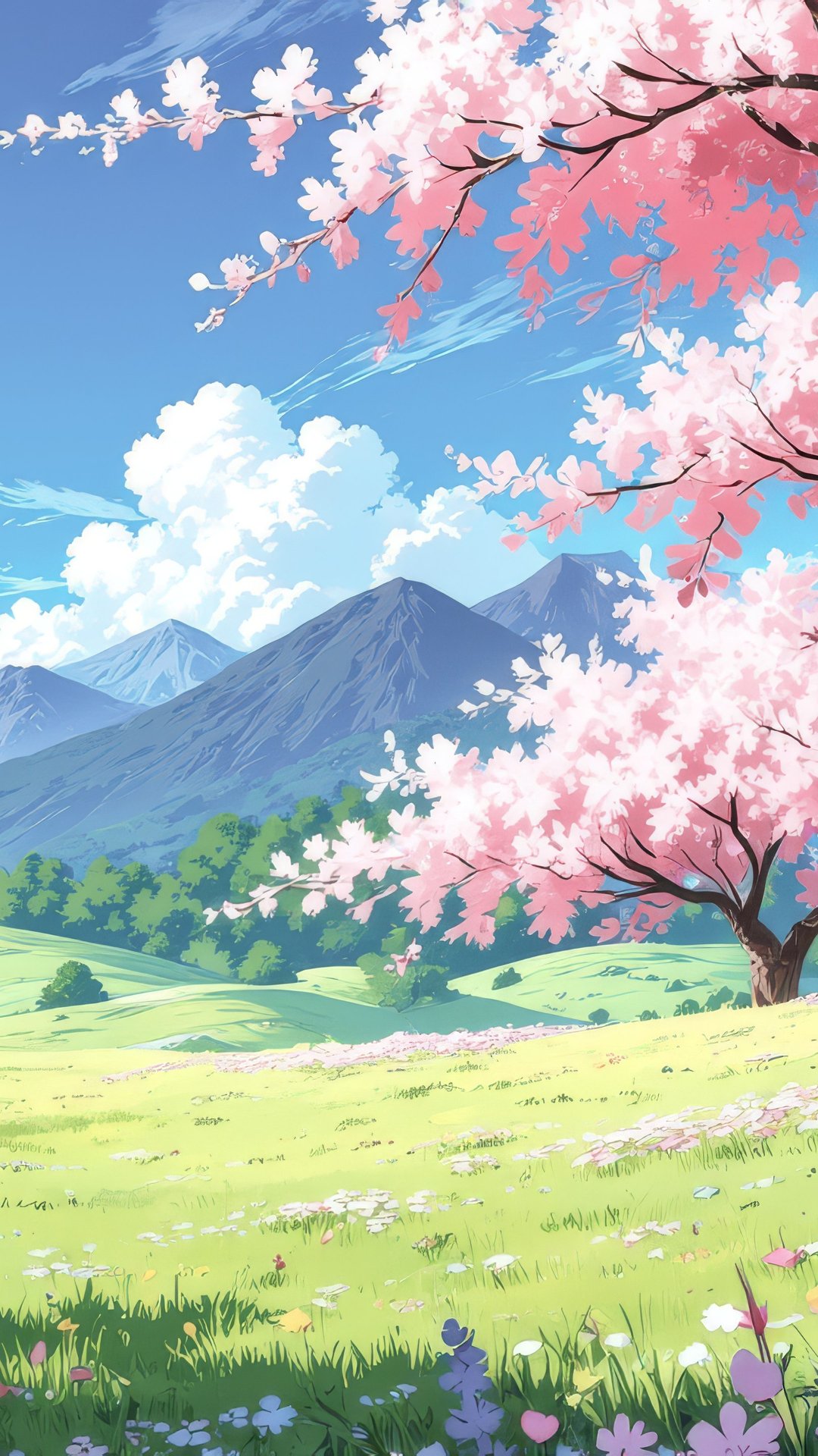 Pink sakura in a meadow with green grass - Wallpapers for Samsung, Honor, Sony in 1080x1920 resolution