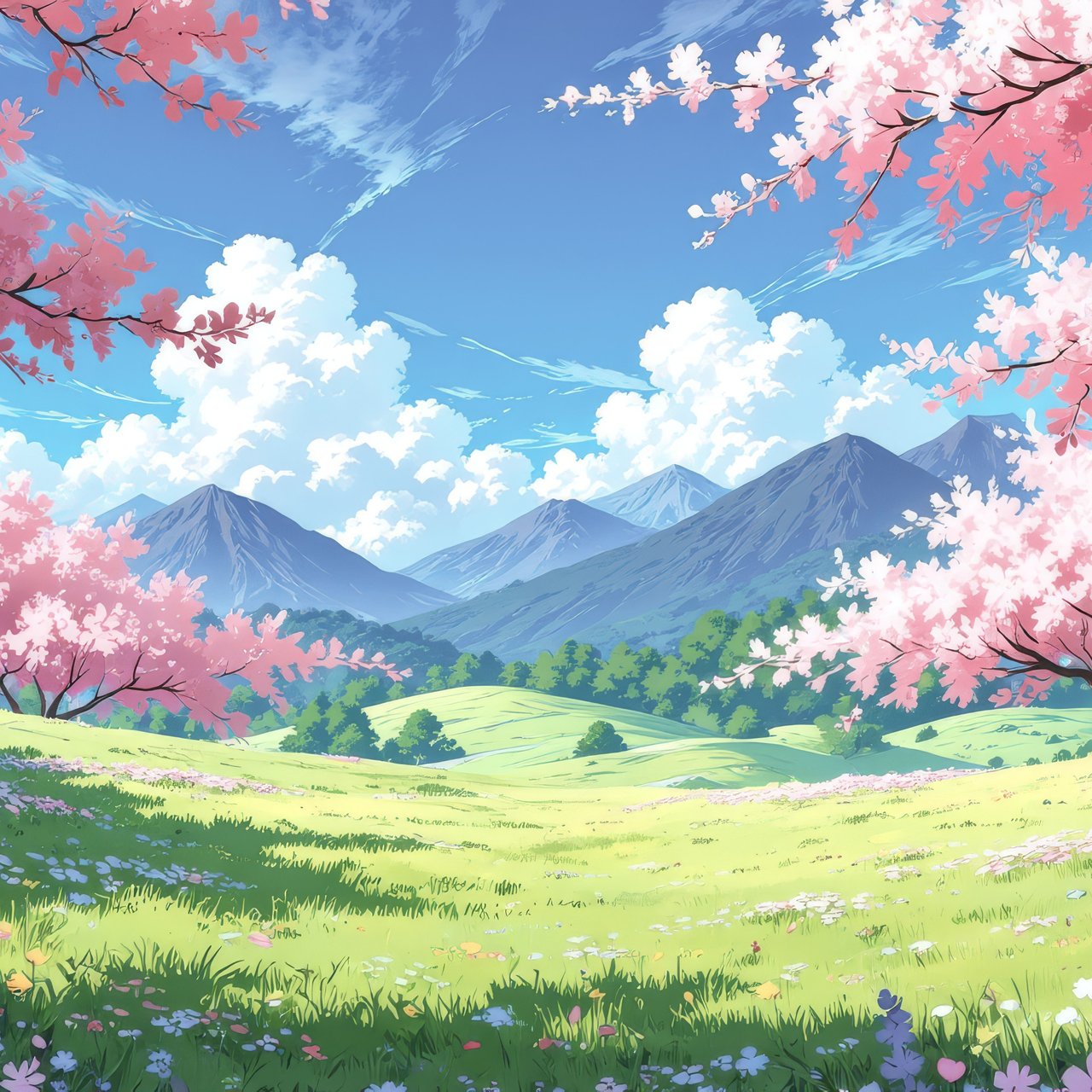 Pink sakura in a meadow with green grass - Wallpapers for Lenovo, Huawei in 1280x1280 resolution