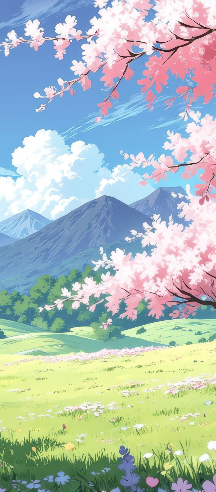 Pink sakura in a meadow with green grass - Wallpapers for Xiaomi Redmi 14C, POCO C71/C75/M7, Infinix Note 8 in 720x1640 resolution