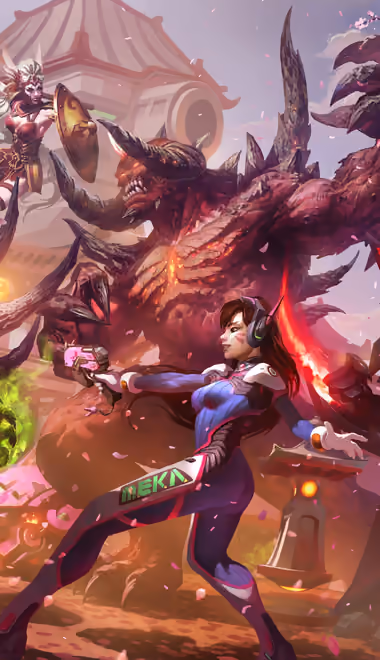 Обои игры: D.Va, Overwatch, демон, битва