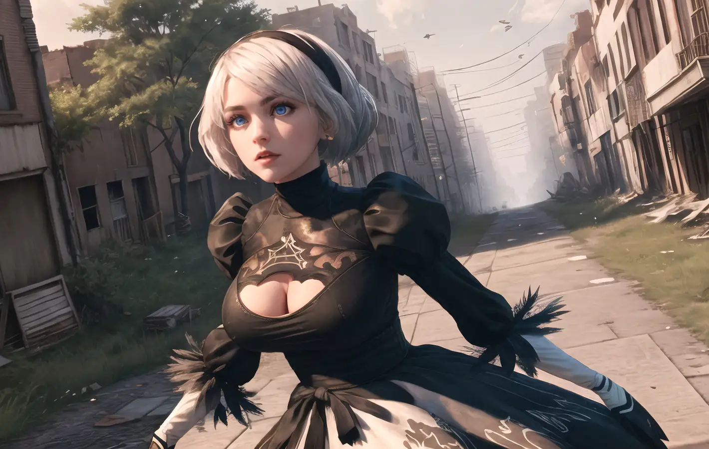2B from Nier: Automata in post-apocalyptic ruins — desktop and phone wallpaper, free download