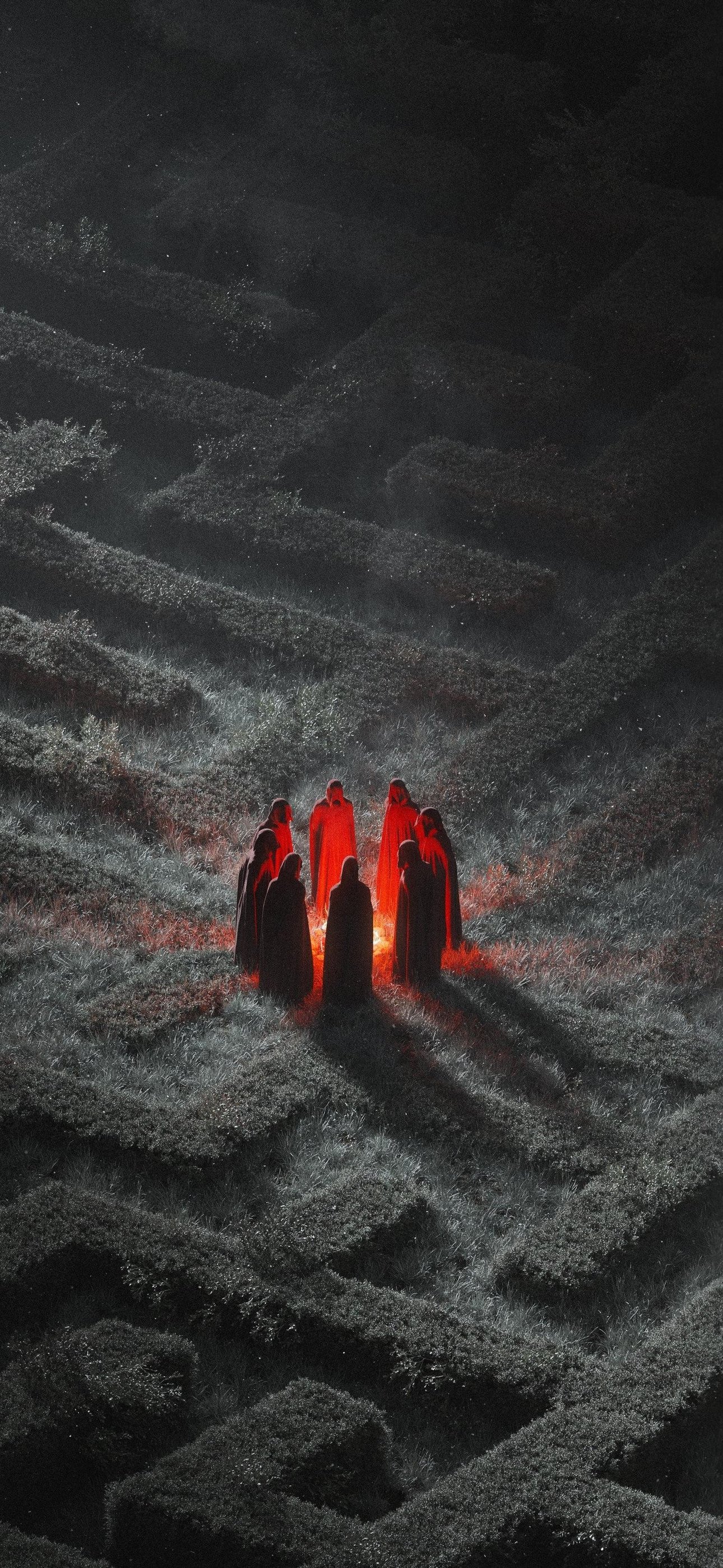 Mysterious figures gathering in dark labyrinth - Wallpapers for iPhone 15 Pro Max/14 Pro Max in 1290x2796 resolution