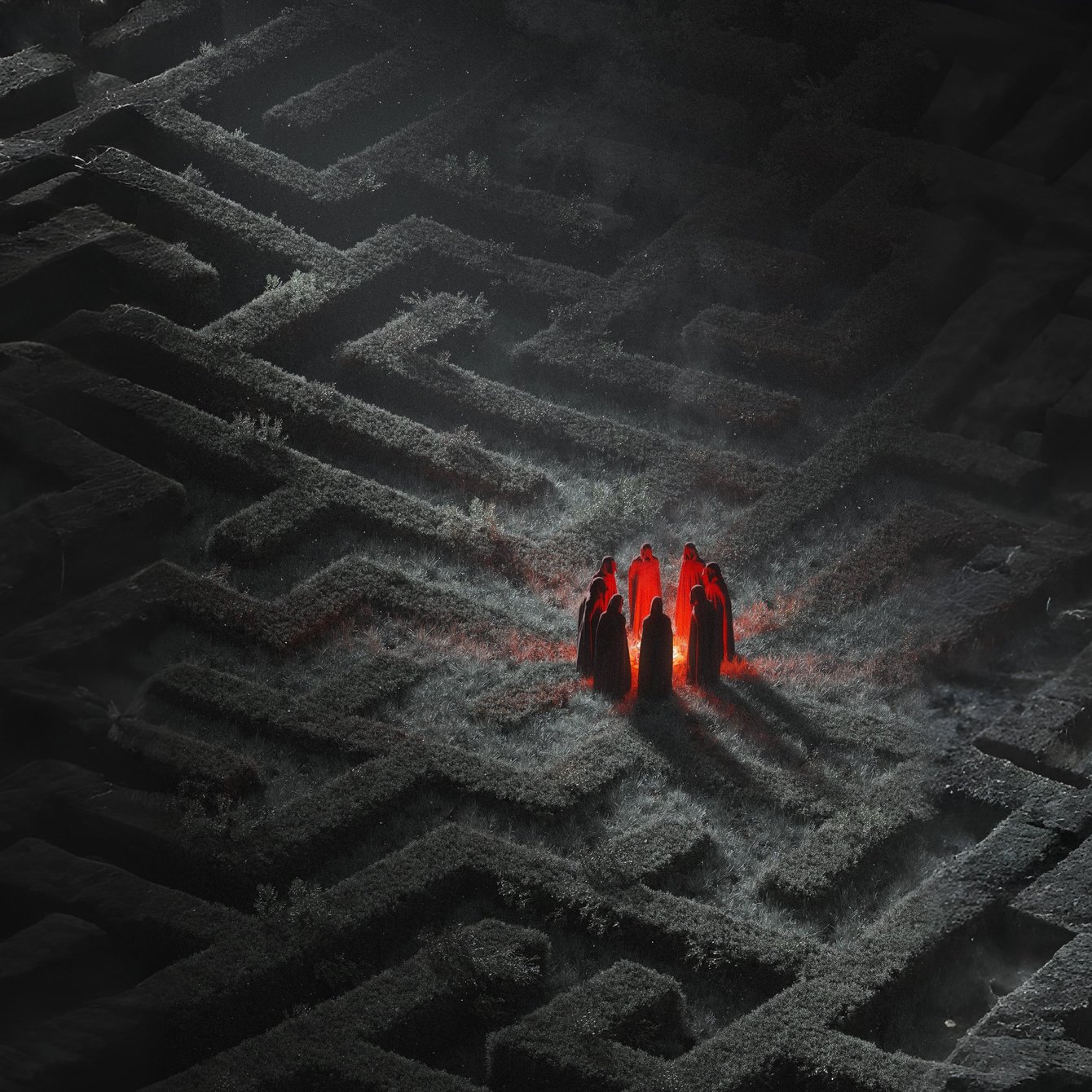 Mysterious figures gathering in dark labyrinth - Wallpapers for Samsung Galaxy Tab in 1340x1340 resolution