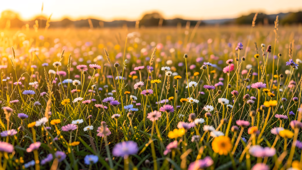 Summer field with daisies at evening light — desktop and phone wallpaper, free download