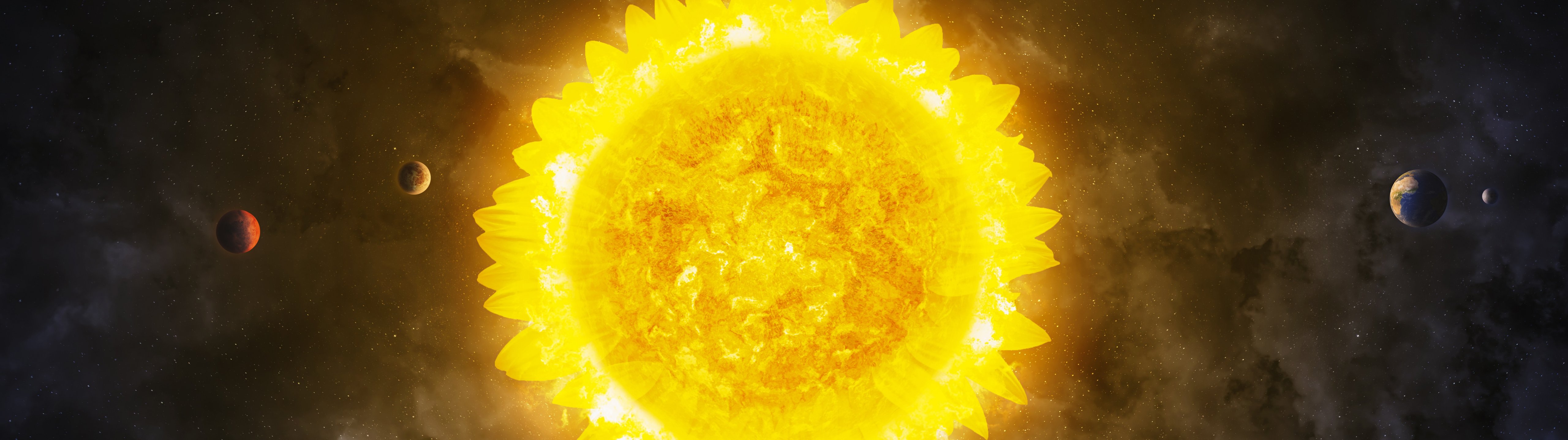 Sunflower sun with orbiting planets in space - UltraWide 32:9 wallpapers in 5120x1440 resolution