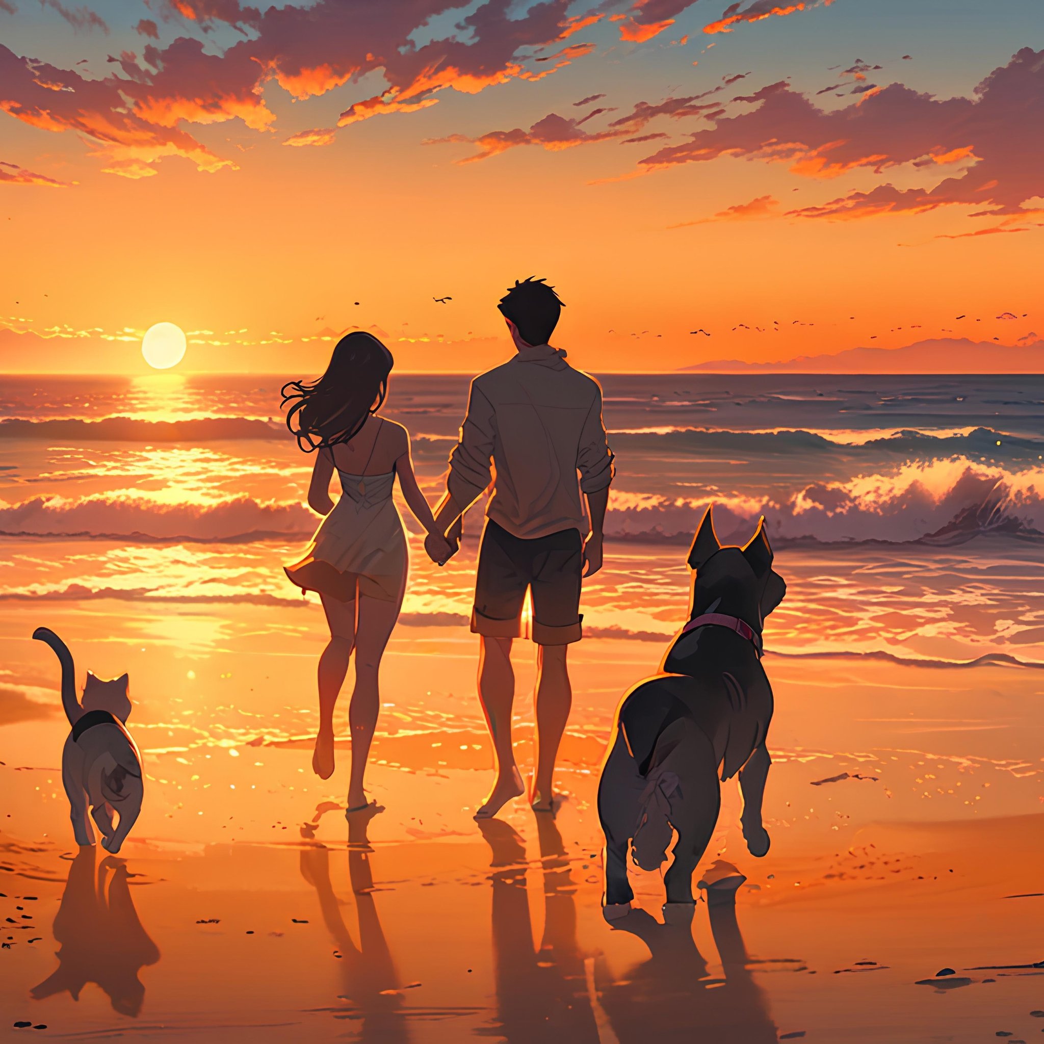 Couple and pets walking on beach - Wallpapers for iPad Retina in 2048x2048 resolution