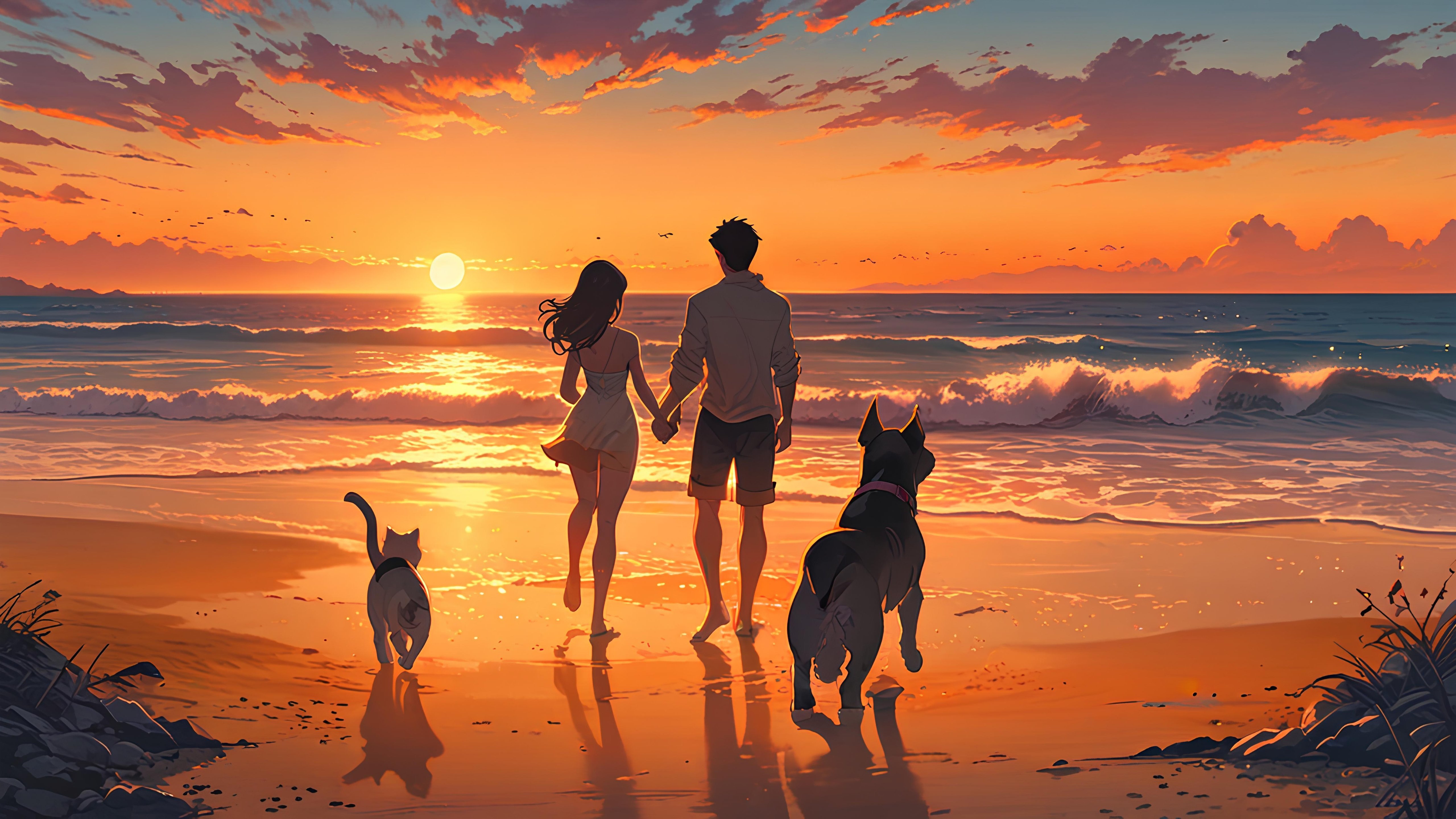 Couple and pets walking on beach - 5K wallpapers in 5120x2880 resolution