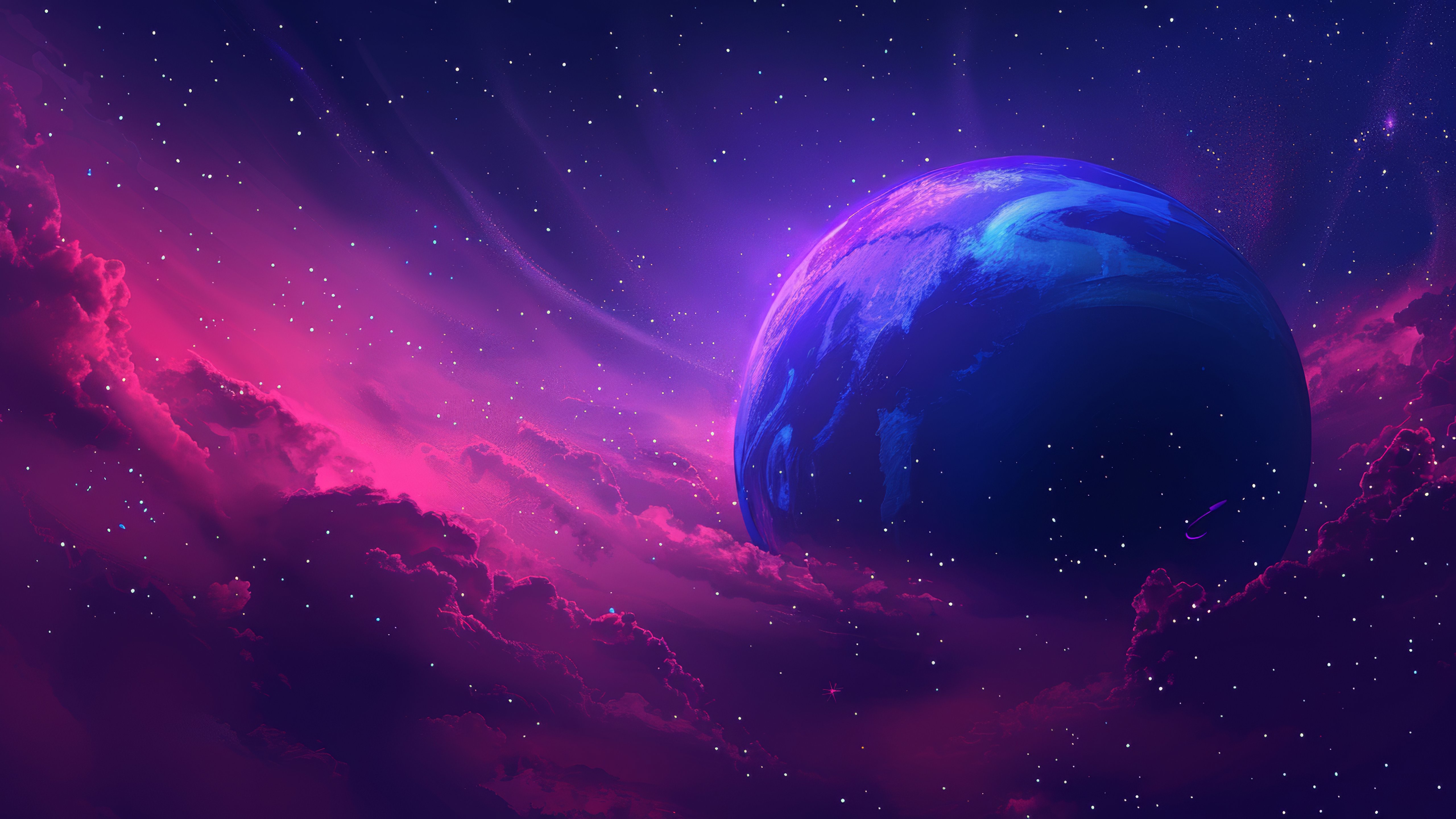 Planet in a purple cosmic nebula - 5K wallpapers in 5120x2880 resolution