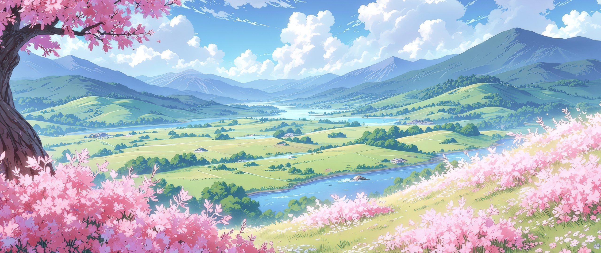 Cherry blossoms over lush meadow and mountain river - UltraWide 21:9 wallpapers in 2560x1080 resolution