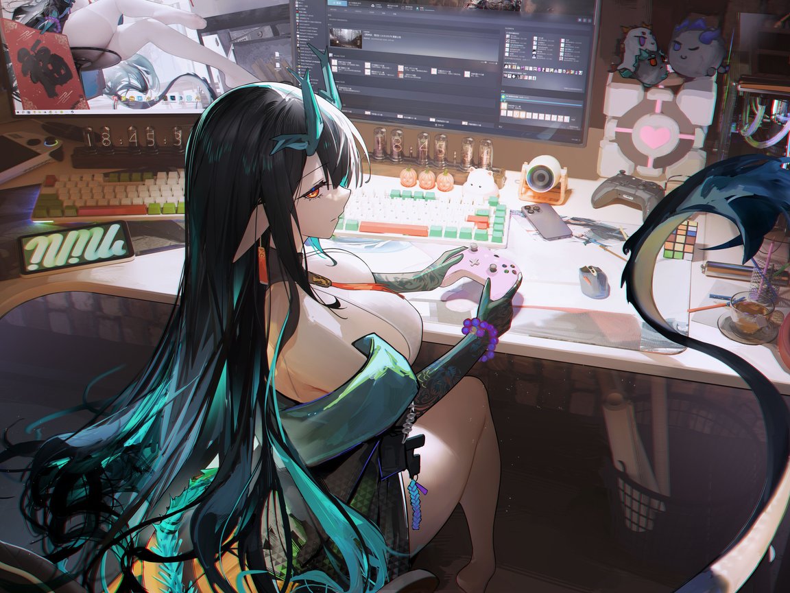 Dusk from Arknights gaming at a computer setup - XGA+ wallpapers in 1152x864 resolution
