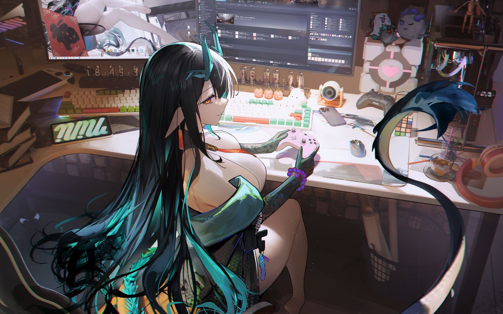 Dusk from Arknights gaming at a computer setup - WSXGA+ wallpapers in 1680x1050 resolution