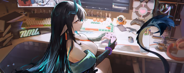 UltraWide 21:9 обои консоль (2560x1080): Dusk (Arknights), аниме девушка, гейминг, компьютер