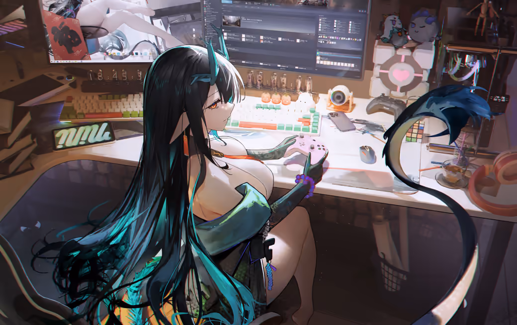 Dusk from Arknights gaming at a computer setup - Wallpapers for Samsung in 360x740 resolution
